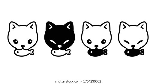 cat vector icon kitten eating fish calico head face pet logo symbol character cartoon doodle illustration design