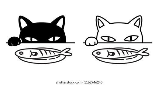 cat vector icon logo paw fish black kitten calico food cartoon character illustration doodle