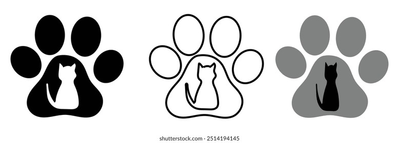 Icono de Vector de gato Logotipo Pata Ilustración de personaje de dibujos animados Gatito. Ilustración vectorial.