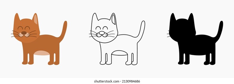 Cat vector illustration. Animal coloring book content. Animal outline vector. Funny cat silhouette. Cute animal illustration for children.