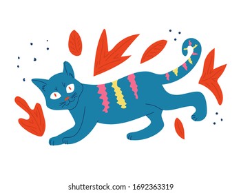 Ilustración vectorial de gato. Estilo de caricatura. Colores brillantes inesperados. Diseño plano. Aislado sobre un fondo blanco
