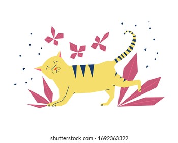 Ilustración vectorial de gato. Estilo de caricatura. Colores brillantes inesperados. Diseño plano. Aislado sobre un fondo blanco