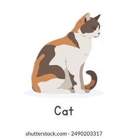 Cat vector illustration. Cute Calico cat cartoon clipart, animal in flat style. Farm animals concept, rural farming. Livestock animal cat vector design isolated on white background