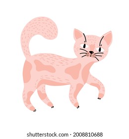 Cat vector illustration. Cute cat. Pink cat. Cute baby illustration for print, textile, fabric. Moustached muzzles, pets, cat family. Scandinavian style. Feline domestic trendy pet. Vector. 