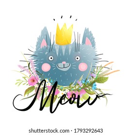 Cat vector illustration with hand drawn Meow lettering design. Cute little kitten head cartoon in watercolor style, isolated animal clipart for kids design, adorable funny pussy saying meow.