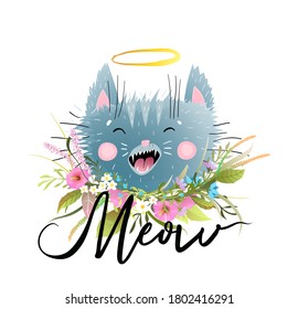 Cat vector illustration with hand drawn word Meow lettering design. Cute little kitten head cartoon in watercolor style, isolated animal clipart for kids design, adorable funny pussy saying meow.