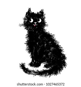 Cat, vector illustration, hand-drawn cute fluffy funny cat.