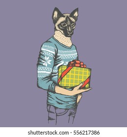 Ilustración vectorial de gato. Gato en suéter humano con regalo