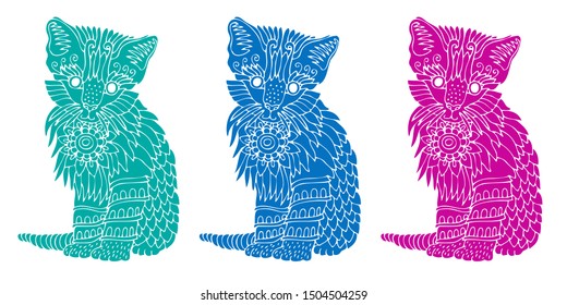 Cat - vector illustration isolated on white background. Decorative ornamental pattern for screen printing on T shirt, bag, poster. Pattern for cutter plotter. Template for tatoo or embossing.