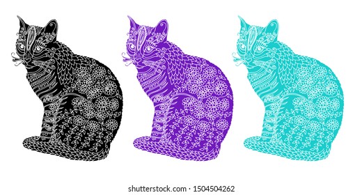 Cat - vector illustration isolated on white background. Decorative ornamental pattern for screen printing on T shirt, bag, poster. Pattern for cutter plotter. Template for tatoo or embossing.