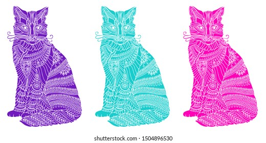 Cat - vector illustration isolated on white background. Decorative ornamental pattern for screen printing on T shirt, bag, poster. Pattern for cutter plotter. Template for tatoo or embossing.