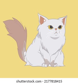 Cat vector illustration on yellow background. Hand drawn line art. Cute persian cat