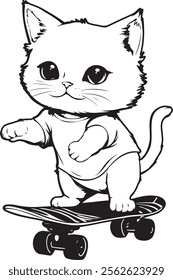 Cat vector illustration playing skateboard. Black and white outline coloring book or page for children