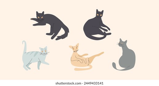 Cat vector illustration set. Simple group of shapes of hand drawn animals. Poses of russian blue, british shorthair, bengal, siamese, sphynx and burmese. Friendly cute pet illustration. 