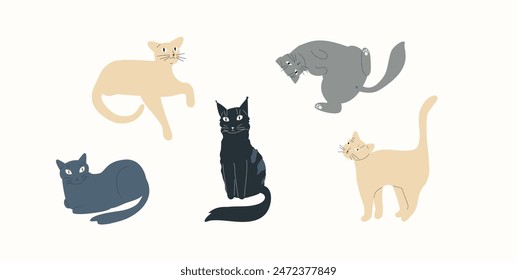 Cat vector illustration set. Simple group of shapes of hand drawn animals. Poses of russian blue, british shorthair, bengal, siamese, sphynx and burmese. Friendly cute pet illustration. 