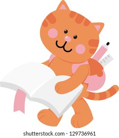 cat - vector illustration, small funny kitten goes to school