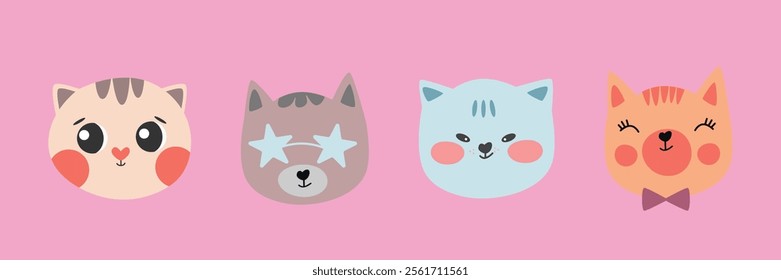 Cat vector isolated. Cute cats set, kitty with the bow tie, sunglasses. Cats in cartoon style. Vector card design template.