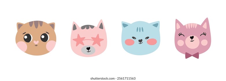 Cat vector isolated. Cute cats set, kitty with the bow tie, sunglasses. Cats in cartoon style. Vector card design template.