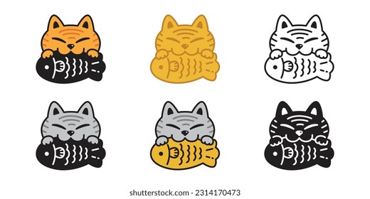 cat vector kitten calico icon eating fish taiyaki japanese food logo pet breed cartoon character symbol doodle stamp design animal illustration isolated