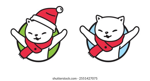 cat vector kitten christmas santa claus hat calico icon neko smiling happy round pet cartoon character munchkin illustration symbol clip art isolated
