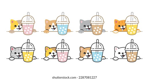 cat vector kitten icon boba tea bubble milk tea drink coffee neko calico pet character cartoon symbol tattoo stamp scarf illustration design isolated