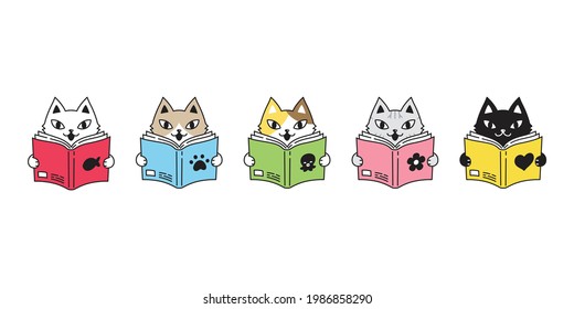 cat vector kitten icon calico reading book pet breed character cartoon heart octopus star squid fish doodle symbol illustration design