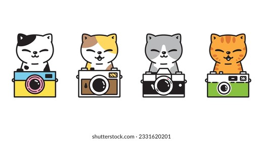 cat vector kitten icon film camera photographer neko calico pet cartoon character doodle symbol tattoo stamp scarf illustration design isolated