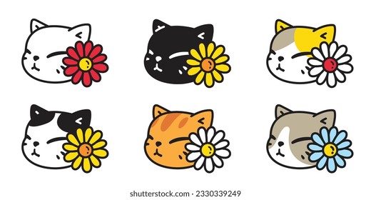 cat vector kitten icon flower daisy neko calico face pet smiling character cartoon doodle symbol tattoo stamp scarf illustration design isolated