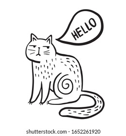 Cat. Vector linear illustration of a cat in doodle style. Cat with a thought bubble. Animal print. Freehand drawing