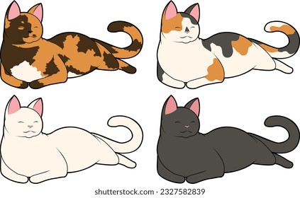 Cat vector pack with four cats: calico, tortoiseshell, black, and white. Cats are sitting and happy.