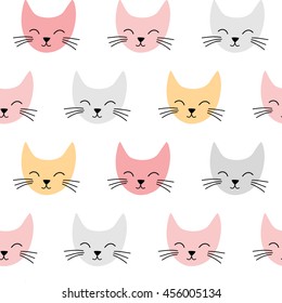 Cat vector pattern. Cute seamless background in pink, yellow and gray.