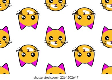 Cat vector pattern with cat faces. Seamless print illustration for children.