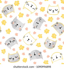 Cat vector pattern with flowers. Spring, summer seamless background with cute painted cat faces.