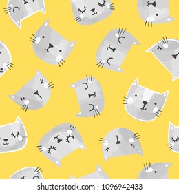 Cat vector pattern with hand drawn cute cat heads and smiling faces. Seamless background. Scandinavian style.