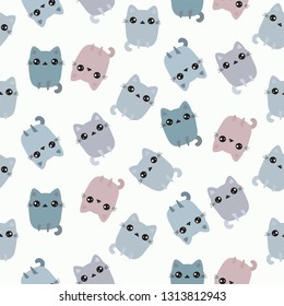 Cat vector print with hand drawn painted. Cartoon seamless wallpaper. Cute kawaii kittens seamless pattern in pastel colors.