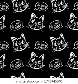 cat vector seamless in black and white colors.Wallpaper background with cartoon kitty muzzles with bubble speach in line art  