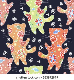 Cat vector seamless pattern. Cute colorful kitten with flowers. Floral animal background. 