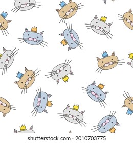 Cat vector seamless pattern with hand drawn painted cat faces with black doodle stroke on white background. Print illustration for children, nursery, wrapping paper, apparel