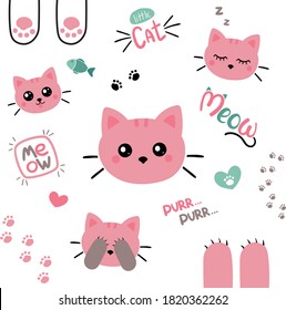 Cat vector set. Cat's Paws, hand draw text. Meow
