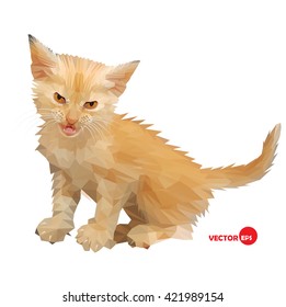  Cat vector silhouette on the white background isolated, made in low poly style. Little baby cat with an angry look, little lion. Design cat illustration for book, cartoon, card, shirts. Love kitten. 