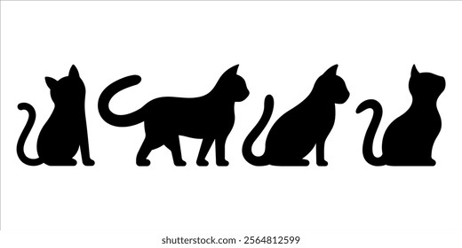 Cat vector silhouettes in different poses. Set of silhouette cats vector illustration