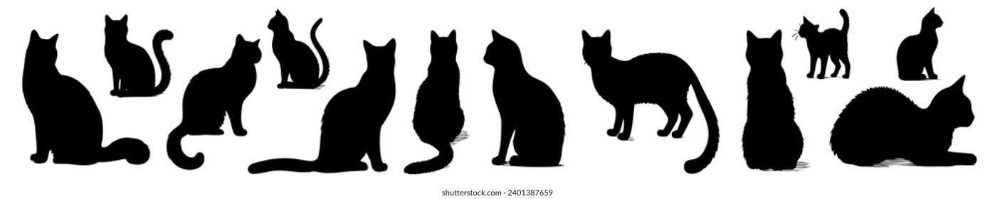 Cat vector silhouettes set Isolated On White Background, cats in different poses