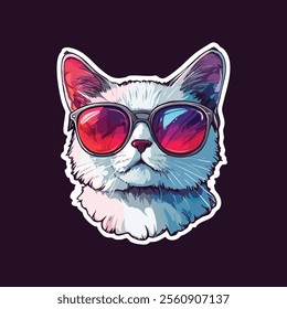 Cat vector sticker design, Vibrant Vector Graphic of a Cheerful Cat with Sunglass, funky animal face vector, editable cat meme, face, mood, clip art, colorful cat face.