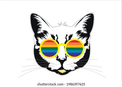 Cat vector with sunglasses pride flag. concept pride month illustration content