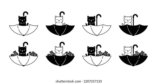 cat vector umbrella kitten icon fishing fish calico rain logo pet breed cartoon character symbol doodle illustration design clip art