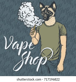 Concepto vape vector de gato. El gato fuma o vaporiza un cigarrillo electrónico, con traje humano. Con tienda de uvas para inscripciones