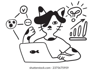 icono de gato en vector.business en estilo doodle. ilustración lineal del gato masculino. Plantilla para el sitio web de la aplicación de iconos de la pegatina del logotipo. Una serie de peludos gatos sobre el tema de los negocios y la vida.