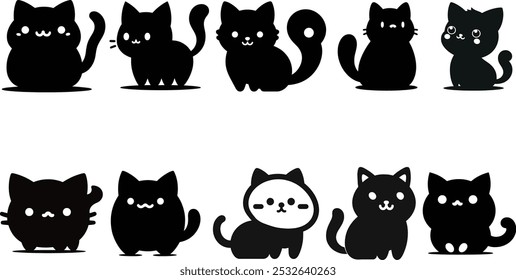 conjunto de ícones de vetores de gato, arte vetorial silhueta, Coleção de silhuetas de gato em várias poses isoladas no fundo, vetor silhueta de gato