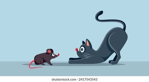 
Cat versus Mouse Rivalry Vector Funny Conceptual Illustration. Comical friends and enemies mice and kitty facing each other

