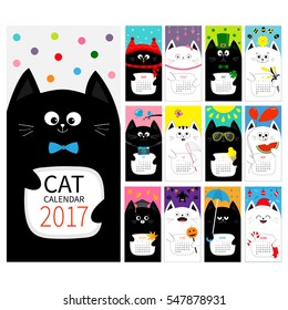 Cat vertical monthly calendar 2017 cover. All month. Cute cartoon character set. Happy Valentines St Patrick day Christmas Easter Egg Bird Chicken Umbrella, rain. Santa hat, sun symbol Flat  Vector
